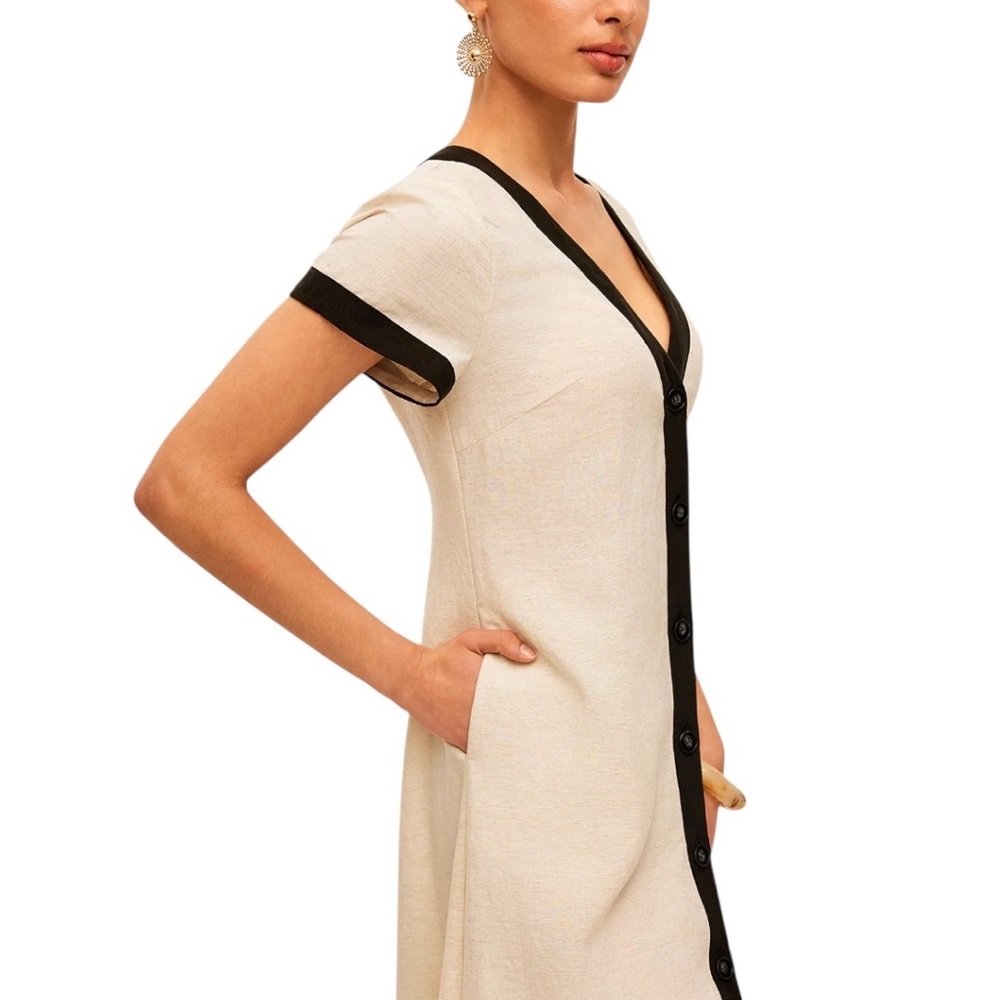 Commense Apricot Black Contrast Trim Button Front Maxi Dress XS NWT Beige - Picture 2 of 11